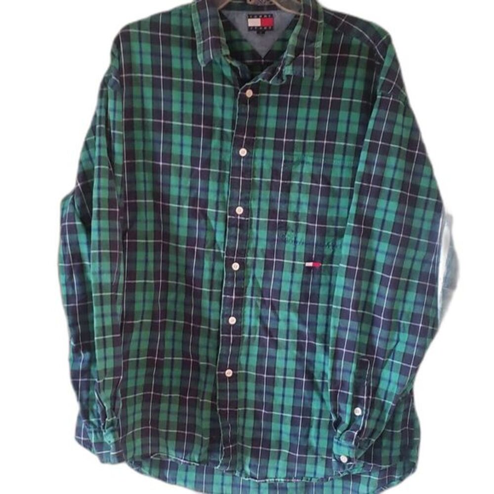 VTG Tommy Hilfiger Men's XL Green Plaid Classic Button‑Down Shirt | Retro‎ Y2K